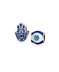 Bling Jewelry Set of 2 Blue Hamsa Hand Evil Eye Good Luck Charm Barrel Bead in Sterling Silver for Bracelets