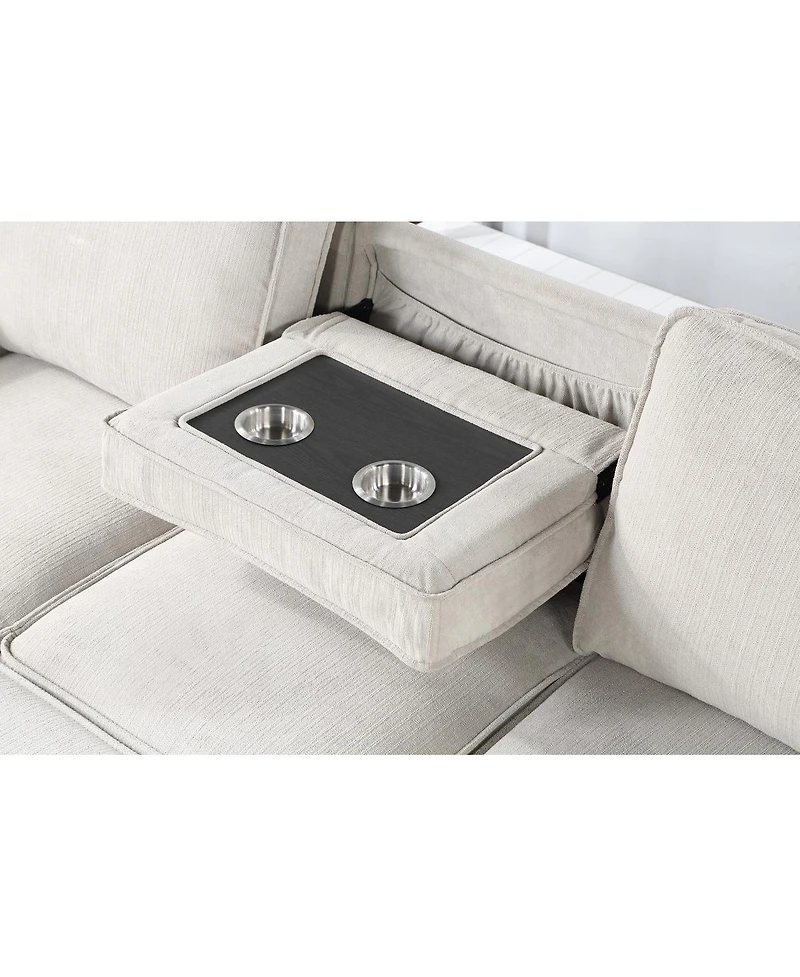 Homlux 86.5"W Beige Fabric Reversible Sleeper Sectional with Storage Chaise Drop-Down Table 2 Cup Holders and 2USB Ports