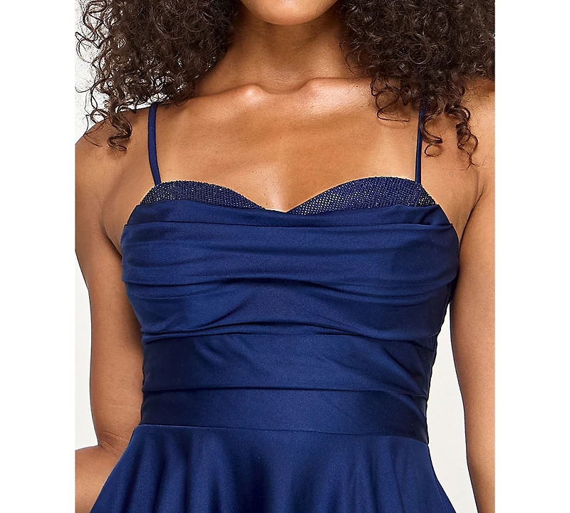 City Studios Juniors' Satin Sweetheart Rhinestone Trim Neckline Fit & Flare Dress