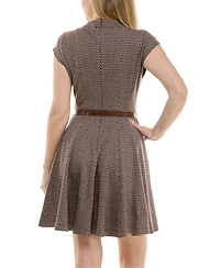 Taylor Petite Jacquard Mock-Neck Belted Fit & Flare Dress