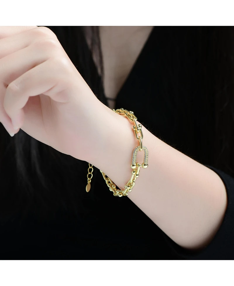 Rachel Glauber 14K Gold Plated with Clear Cubic Zirconia Horse Shoe Link Bracelet.