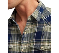 Lucky Brand Men's Indigo Plaid Western Long Sleeve Snap-Front Shirt