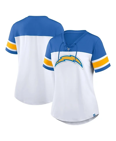 Fanatics Women's White/Powder Blue Los Angeles Chargers Athena Rhinestone Lace-Up V-Neck T-Shirt