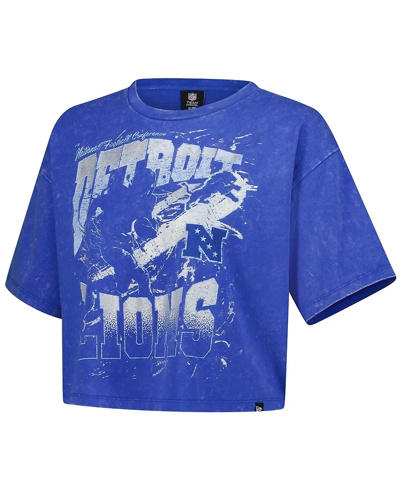 New Era Women's Blue Detroit Lions Cropped Boxy Sport Classics Mineral Wash T-Shirt
