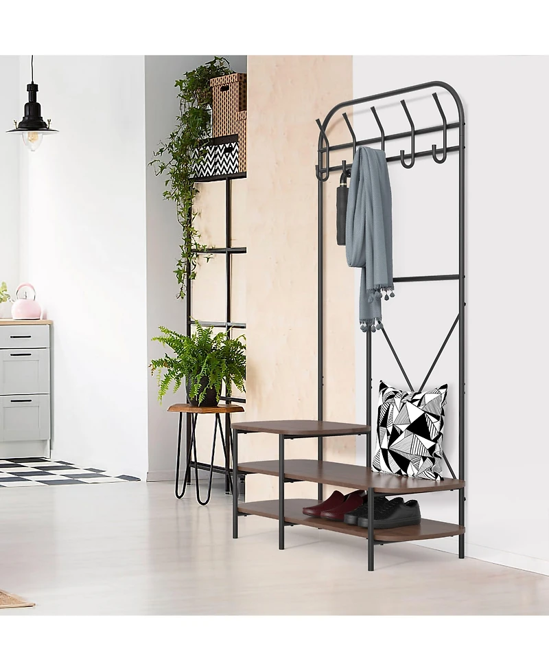 Nordlys - Industrial Hall Tree with Brown Wood Shelves Industrial Style Entry