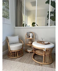 Nordlys - Natural Rattan and Beige Fabric Pouf Exotic Boho Upholstery Living Room