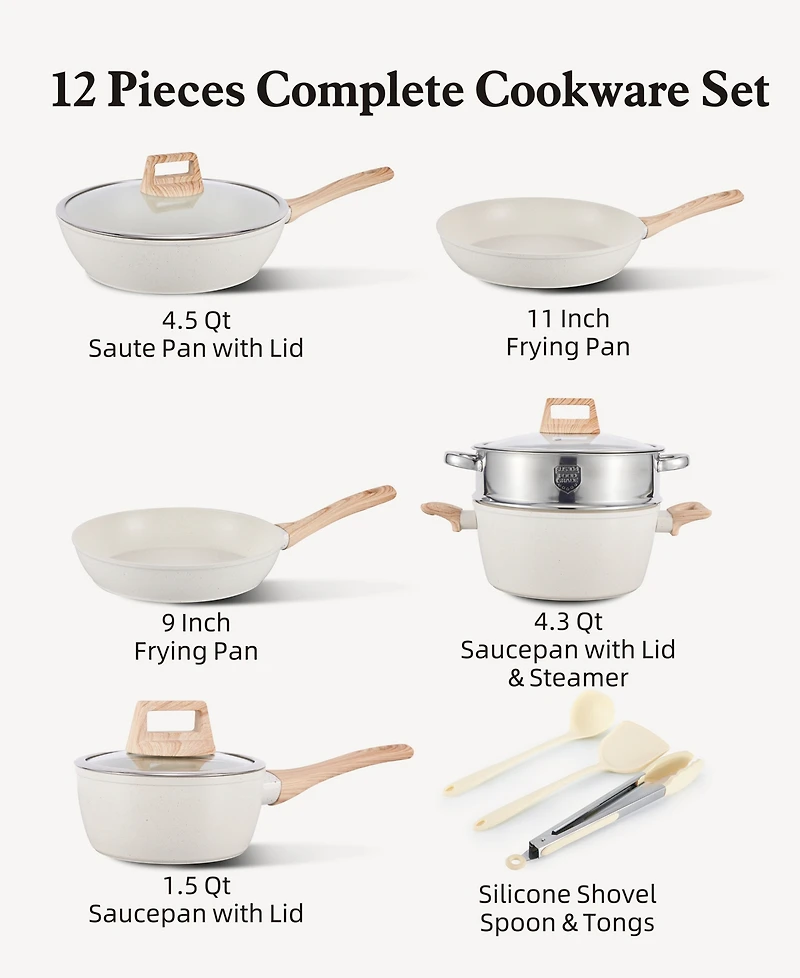 12-Piece Nonstick Ceramic Cookware Set, Granite Pots and Pans Set with Silicone Shovel, Spoon &Tongs