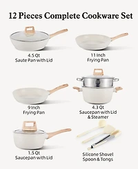 12-Piece Nonstick Ceramic Cookware Set, Granite Pots and Pans Set with Silicone Shovel, Spoon &Tongs