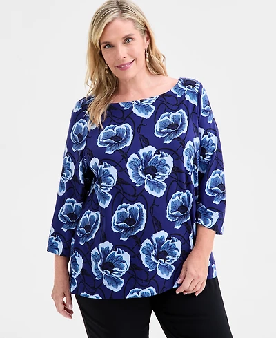 Jm Collection Plus Printed 3/4-Sleeve Top