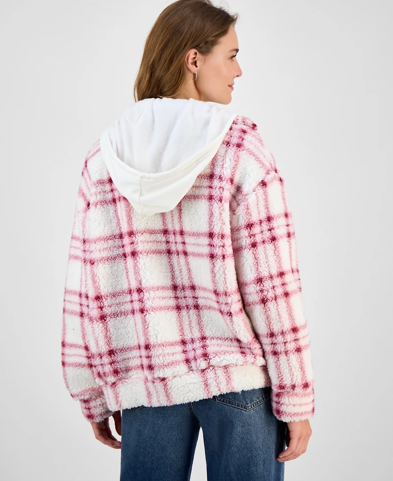 Madden Girl Juniors' Plaid Long-Sleeve Sherpa Jacket