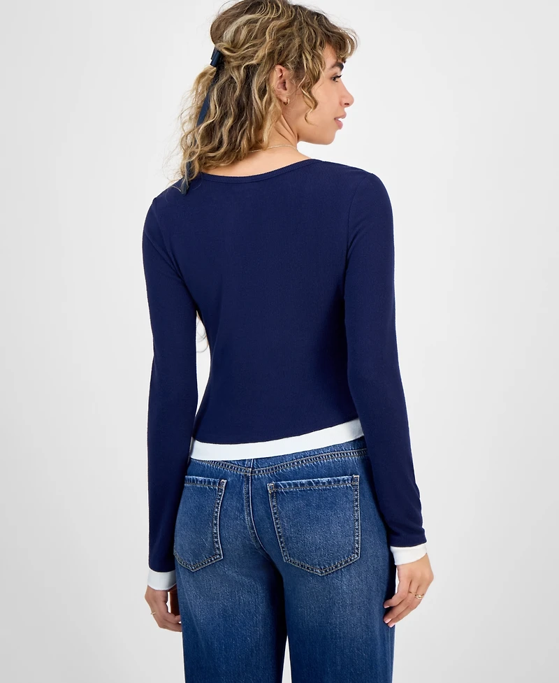 Self Esteem Juniors' Ribbed Layered-Look Long-Sleeve with Rosette