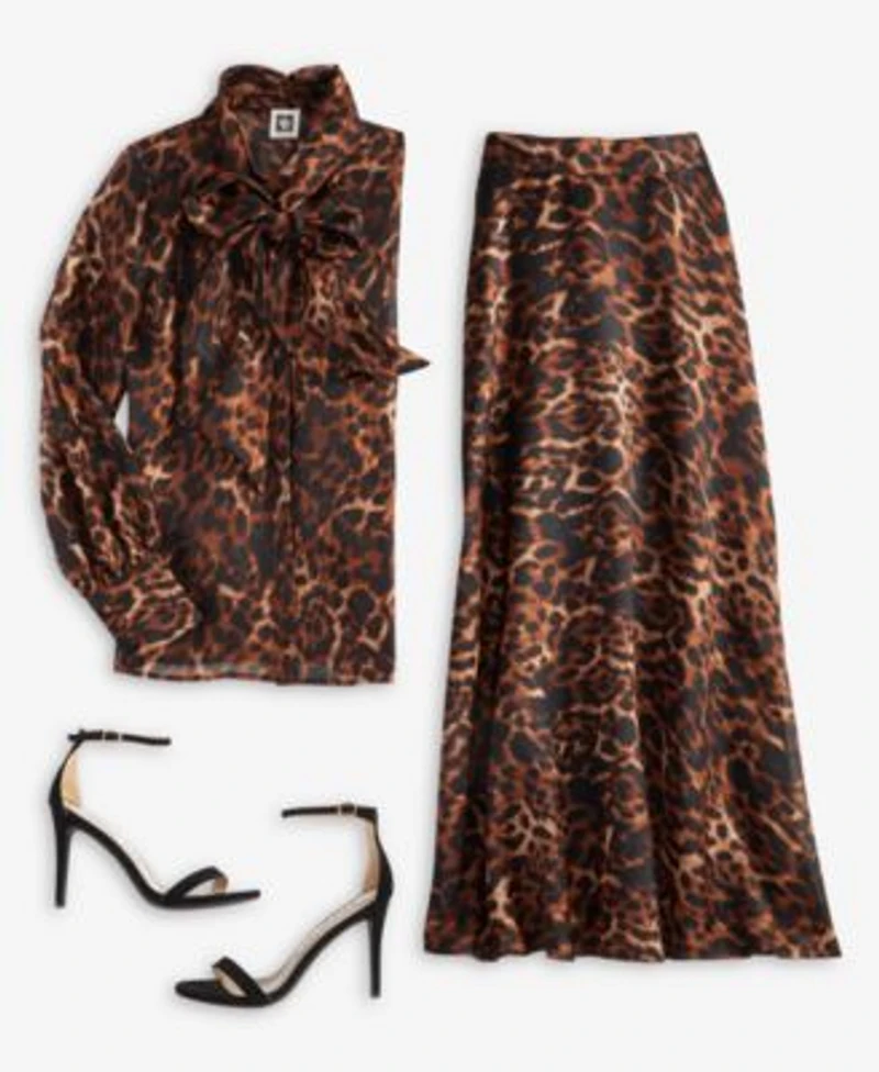 Anne Klein Womens Leopard Print Mock Neck Blouse Skirt
