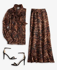 Anne Klein Womens Leopard Print Mock Neck Blouse Skirt