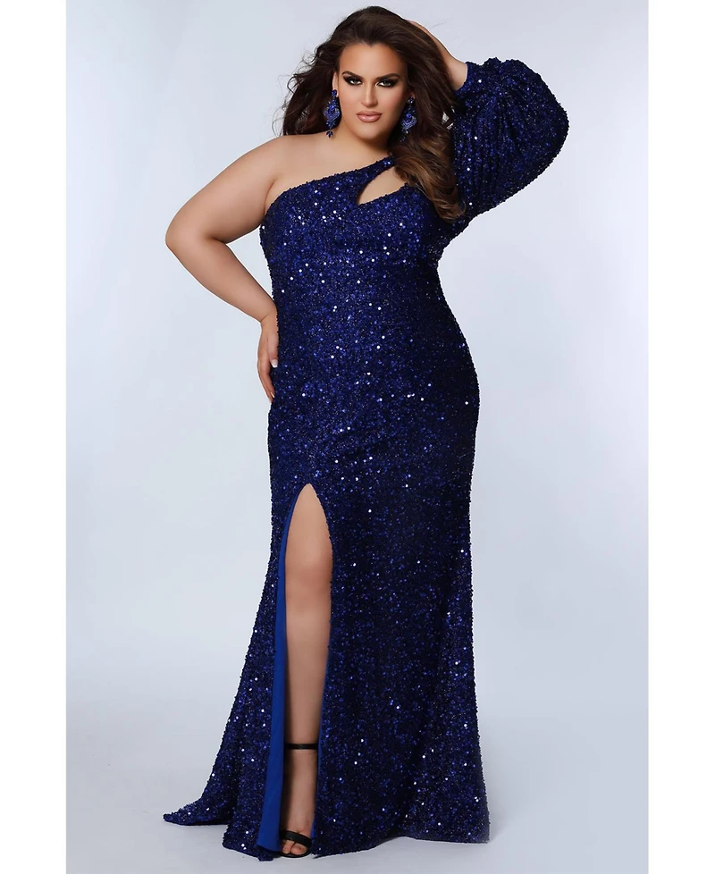 Sydney's Closet Women's One-Shoulder Pouf Sleeve Sequin Plus Size Evening Gown