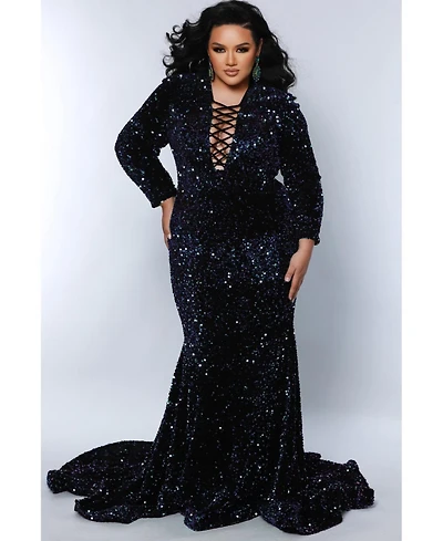Johnathan Kayne for Sydney's Closet Women's Long Sleeve Sequin Velvet Evening Gown