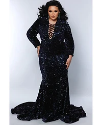 Johnathan Kayne for Sydney's Closet Women's Long Sleeve Sequin Velvet Evening Gown