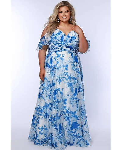 Sydney's Closet Women's Pleated Floral V-Neckline Slim A-Line Gown