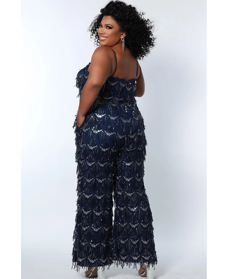 Sydney's Closet Women's Spaghetti Strap Sequin fringe Jumpsuit