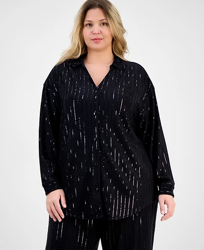 Anne Klein Plus Sequin Pinstripe Drop-Shoulder Tunic Shirt