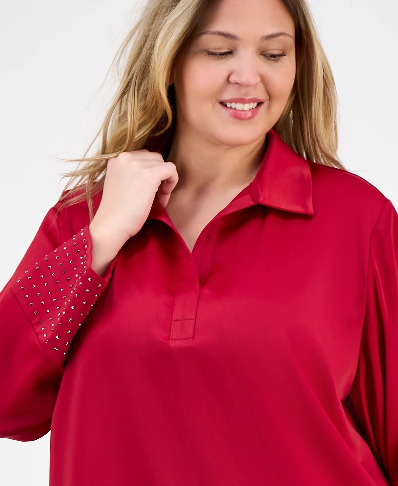 Anne Klein Plus Satin-Collar Embellished-Cuff Tunic