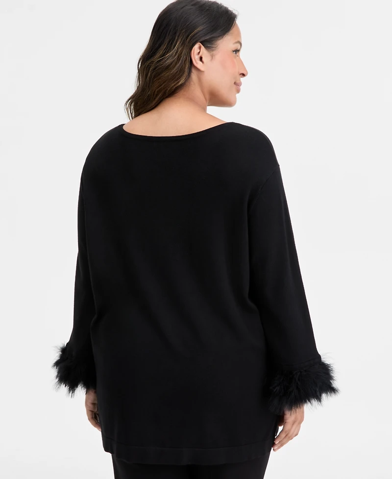 Anne Klein Plus Feather-Cuff Long-Sleeve Sweater