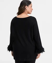 Anne Klein Plus Feather-Cuff Long-Sleeve Sweater