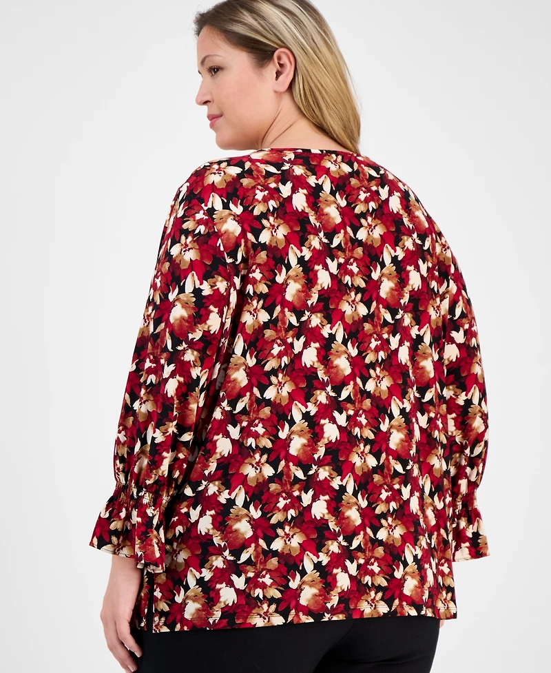 Ak Anne Klein Plus Printed Long-Sleeve Keyhole Blouse