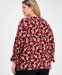 Ak Anne Klein Plus Printed Long-Sleeve Keyhole Blouse