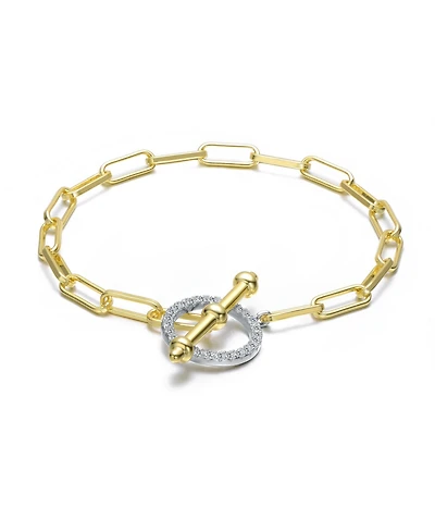 Rachel Glauber Two-Tone with Clear Cubic Zirconia Toggle Clasp Link Bracelet