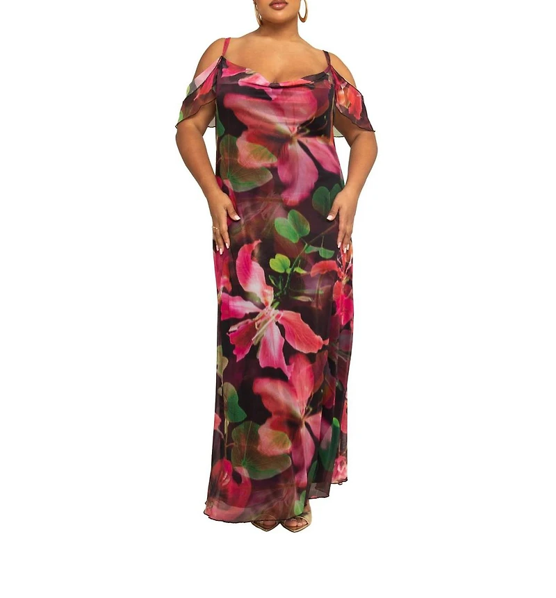 Fashion-szn Curve Women's Mesh Off The Shoulder Printed Maxi Dress