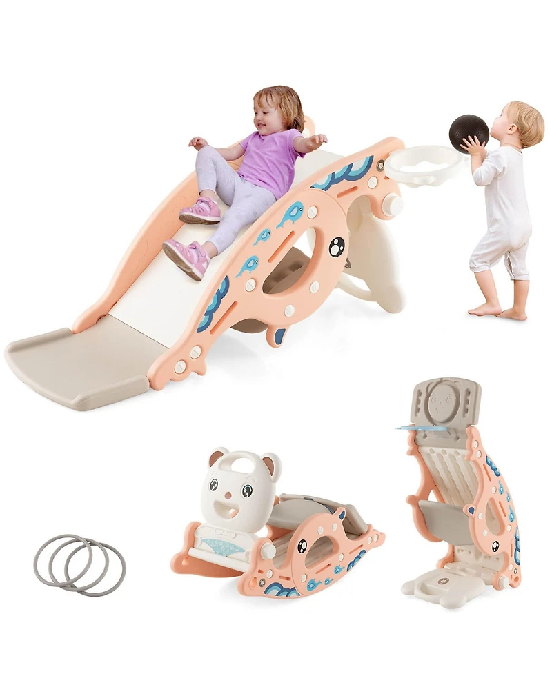 Gymax 4-in-1 Kids Slide Rocking Toy Slide Rocking Horse w/Basketball Hoop Rings