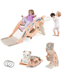 Gymax 4-in-1 Kids Slide Rocking Toy Slide Rocking Horse w/Basketball Hoop Rings