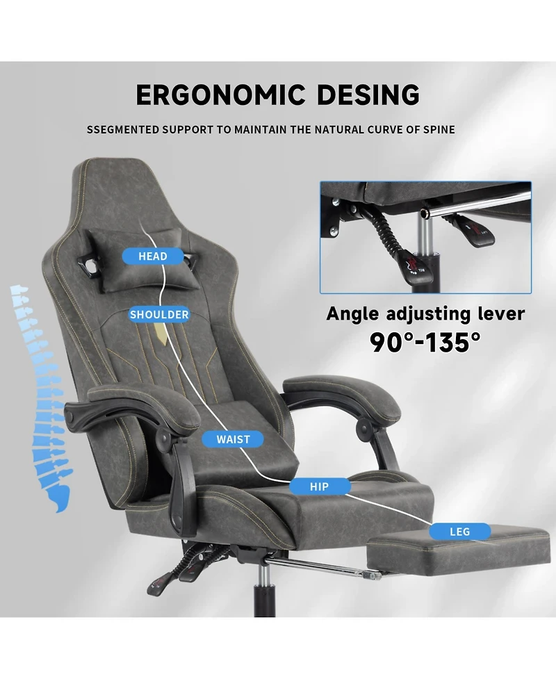 Streamdale Furniture Gaming Chair Massage Lumbar Support Footrest Grey