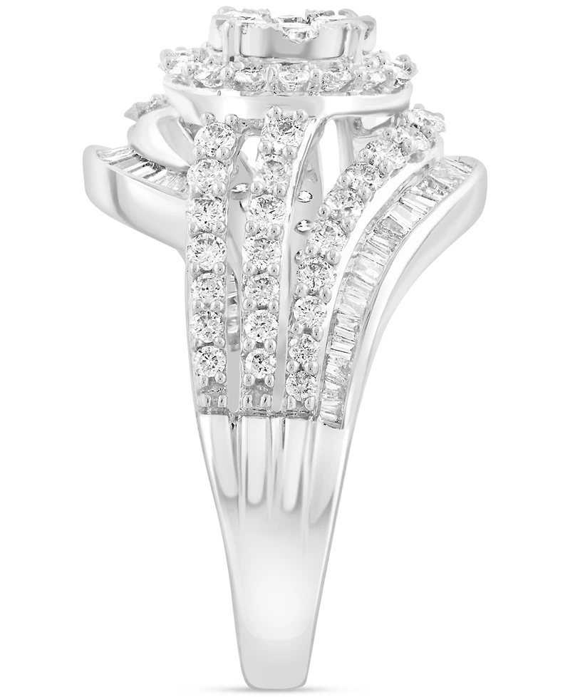 Effy Diamond Round & Baguette Swirl Halo Cluster Ring (1-1/5 ct. t.w.) in 14k White Gold