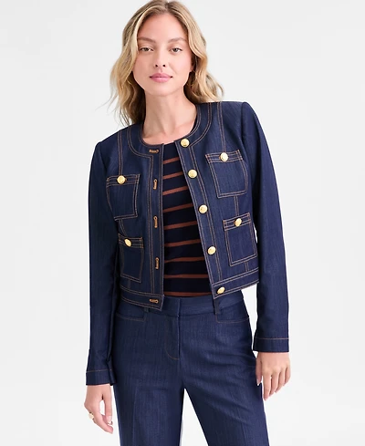 Tahari Asl Women's Cropped Button-Front Denim Jacket