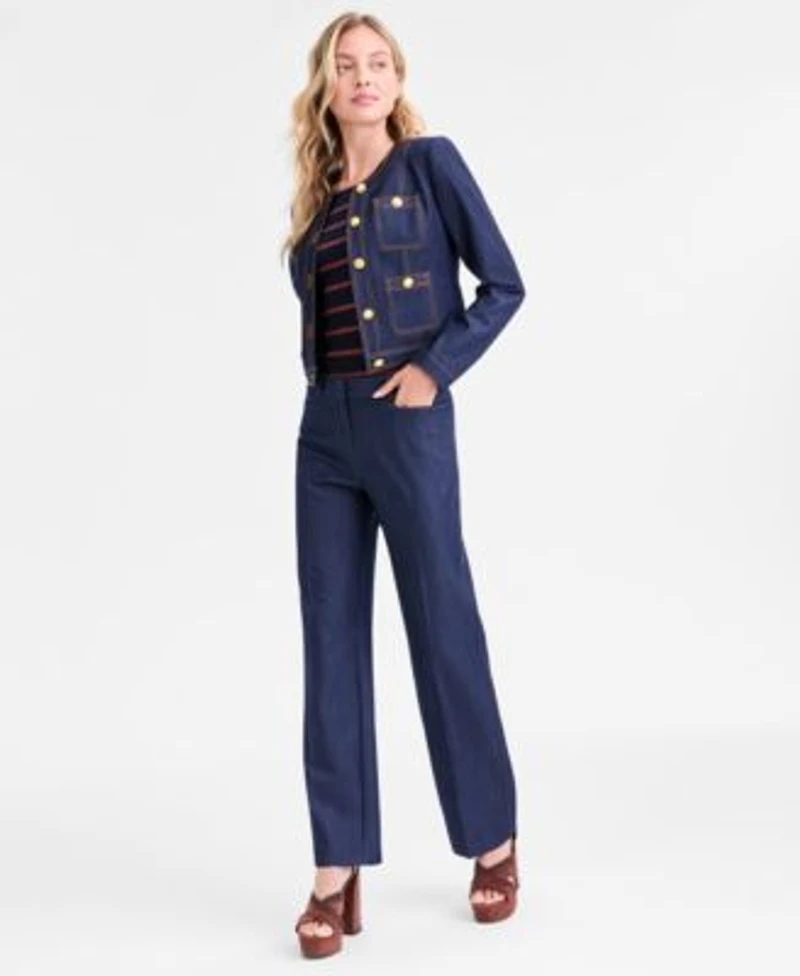 Tahari Asl Womens Denim Cropped Jacket Striped Sweater T Shirt Denim Trousers