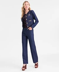 Tahari Asl Womens Denim Cropped Jacket Striped Sweater T Shirt Denim Trousers