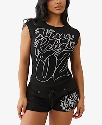 True Religion Women's Sporty Raglan Ribbed Crew Neck Top