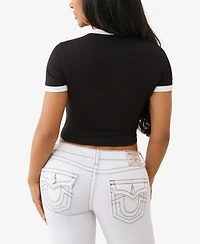 True Religion Women's Crystal Contrast Ringer Crew Neck T-Shirt