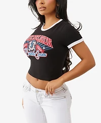 True Religion Women's Crystal Contrast Ringer Crew Neck T-Shirt