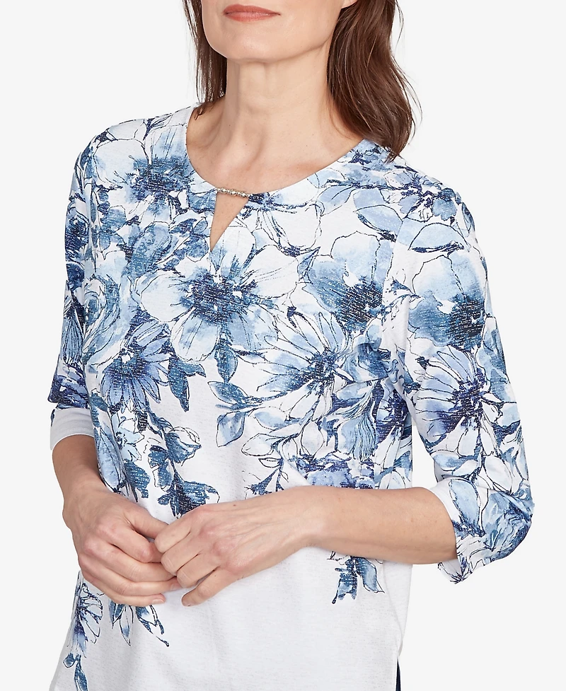 Alfred Dunner Petite Floral Split Beaded Top