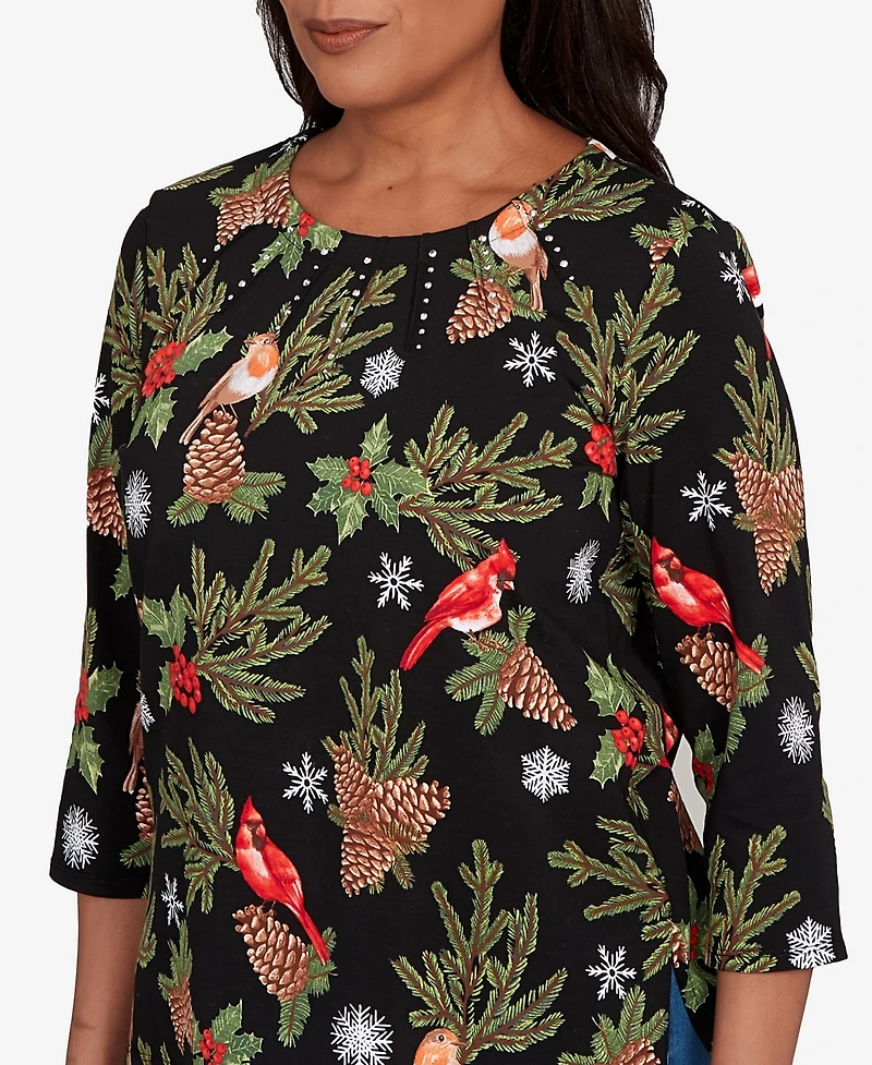 Alfred Dunner Petite Cardinals and Pinecones Top