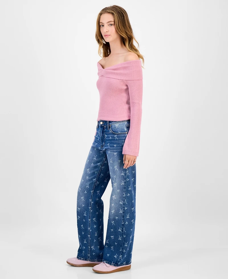 Tinseltown Juniors' Mid-Rise Bow-Print Baggy Jeans