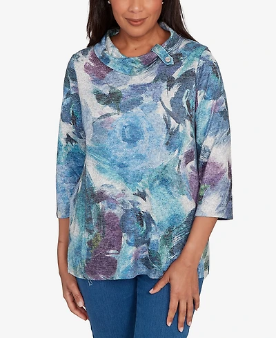 Alfred Dunner Petite Brushstroke Floral Mock Neck Top