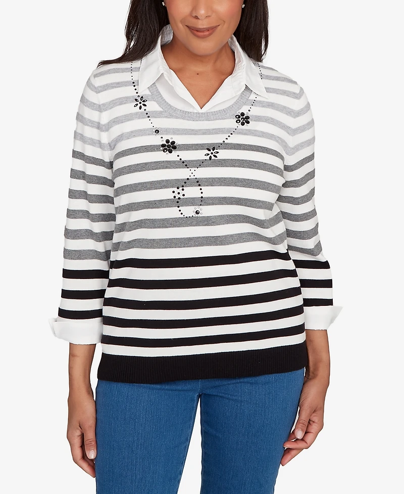 Alfred Dunner Petite Ombre Stripe Layered Sweater