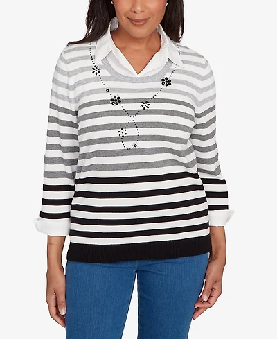 Alfred Dunner Petite Ombre Stripe Layered Sweater
