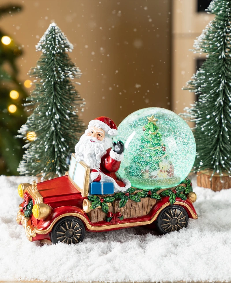 Glitzhome 100mm Lighted Resin Christmas Musical Snowflakes Santa Car Water Globe