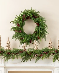 Glitzhome 24" Polyethylene Christmas Dripping Cedar Wreath with Berries
