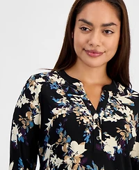 Ak Anne Klein Petite Henley-Neck Floral-Print Top