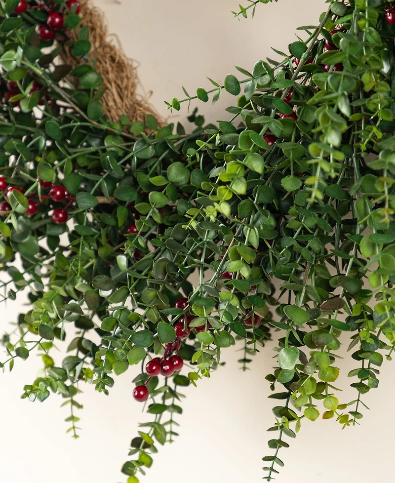 Glitzhome 28" Polyethylene Christmas Dripping Eucalyptus Wreath with Berries